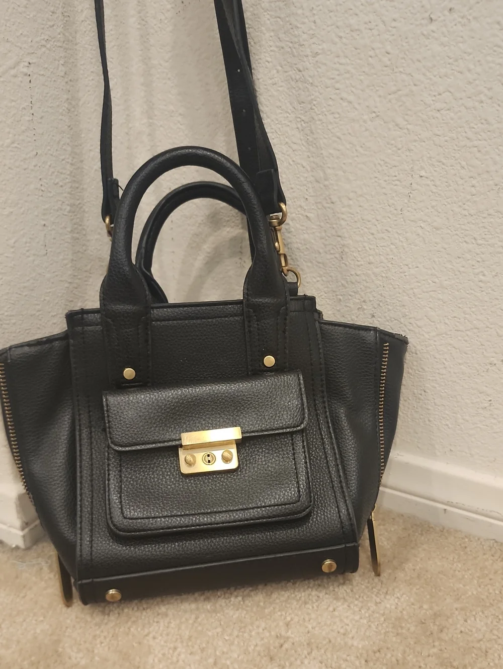 Black Leather Satchel Handbag with Gold Hardware